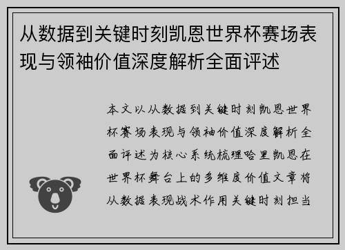 从数据到关键时刻凯恩世界杯赛场表现与领袖价值深度解析全面评述